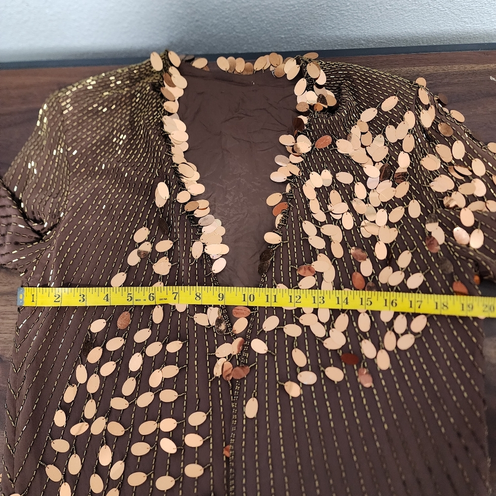 Vintage 100% Silk Chocolate Brown Copper Sequin Beaded Cardigan - Picture 5 of 7